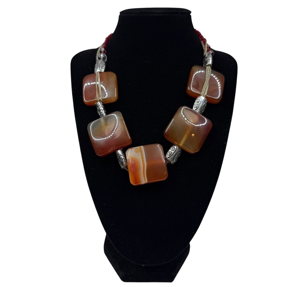 Chunky Agate Carnelian Style Bead Necklace Silver Tone Statement Adjustable 17"